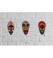 CajuArt Dekoratif Üçlü Ahşap Tablo Otantik Kabile Maske Mask Set (Çok Renkli)