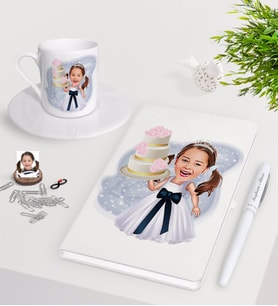 BK Gift Kişiye Özel Kız Çocuk Doğum Günü Karikatürlü Beyaz Defter Kalem Türk Kahvesi Fincanı Seti-2 (Model 1)