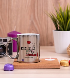 Psikoloji Öğretmeni Ahşap Altlıklı Mumlu Silver Kupa Bardak