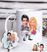 BK Gift Kişiye Özel Evleniyoruz Karikatürlü Beyaz Kupa ve Anahtarlık Hediye Seti-7 (Model 1)