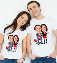 BK Gift Kişiye Özel İkili Sevgililer Karikatür Beyaz Tişört  1