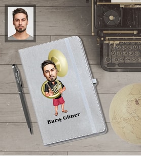 Kişiye Özel Korno Karikatürlü Gri Defter Kalem Hediye Seti  Bay-1