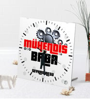 BK Gift Kişiye Özel Mühendis Baba Masaüstü Kare Cam Saat-1 (Beyaz)