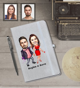 Kişiye Özel Sevgili Karikatürlü Gri Defter Kalem Hediye Seti  Model 6