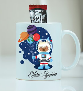 Kişiye Özel Kupa Bardak Astronot Lama Desenli - Nescafe Hediyeli