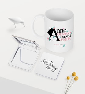 BK Gift Kişiye Özel Anne Demek Sevgi Demek Beyaz Kupa Ayna Seti (Model 1)