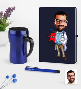 BK Gift Kişiye Özel Bay Doktor Karikatürlü Lacivert Defter Kalem Termos Mug Seti - 3 (Model 1)