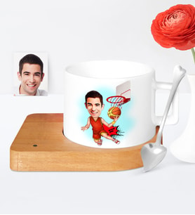 BK Gift Kişiye Özel Bay Basketbolcu Karikatür Ahşap Altlıklı Seramik Fincan  1