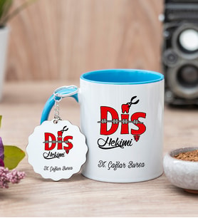 Diş Hekimi Tasarım Mavi Kupa Bardak Ve Anahtarlık Set