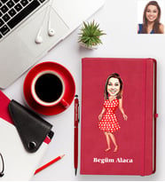 Kişiye Özel Bayan Karikatürlü Kırmızı Defter Kalem Hediye Seti Model-11