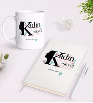 BK Gift Kişiye Özel Kadınlar Günü Sevgi Tasarımlı Beyaz Defter Kalem ve Kupa Seti-4 (Model 1)
