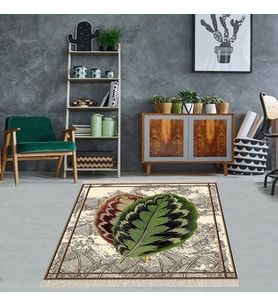 Yeşil Yaprak Desenli Tropikal Desen Dijital Baskı Yıkanabilir Eskitme Salon Halı ve Yolluk (Bej)