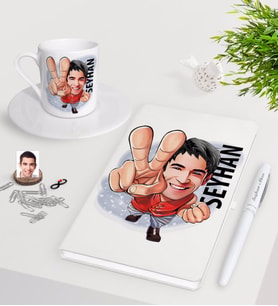 BK Gift Kişiye Özel Erkek Karikatürlü Beyaz Defter Kalem Türk Kahvesi Fincanı Seti-33 (Model 1)