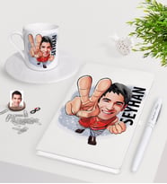 BK Gift Kişiye Özel Erkek Karikatürlü Beyaz Defter Kalem Türk Kahvesi Fincanı Seti-33 (Model 1)