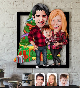 BK Gift Kişiye Özel Yeni Yıl Aile Karikatürlü 3D Ahşap Tablo-4 (Beyaz)