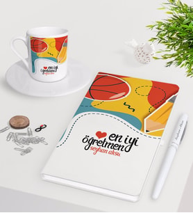 BK Gift Kişiye Özel En İyi Öğretmen Beyaz Defter Kalem Türk Kahvesi Fincanı Seti-5 (Model 1)