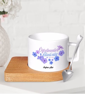 BK Gift Kişiye Özel Öğretmenler Gününüz Kutlu Olsun Ahşap Altlıklı Seramik Fincan-3 (Beyaz)