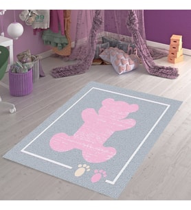 Ayıcıklı Ayı Desenli Halı Dijital Baskı Yıkanabilir Kaymaz Taban Çocuk Odası Halısı (Pembe)