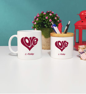 Sevgiliye Hediye Love Tasarımlı Sevgili Kupa Bardak ve Kalemlik Hediye Seti