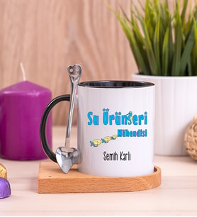 Su Ürünleri Mühendisi Ahşap Altlıklı Siyah Kupa Bardak