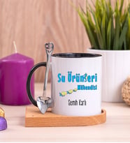 Su Ürünleri Mühendisi Ahşap Altlıklı Siyah Kupa Bardak