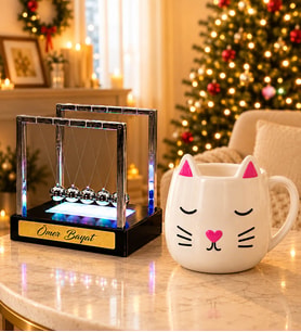 Kişiye Özel İsimli Işıklı Newton Denge Topları İsimlik & Kedi Kupa