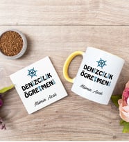 Denizcilik Öğretmeni Sarı Kupa Bardak Ve Bardak Altlığı Seti
