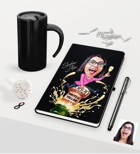 BK Gift Kişiye Özel Yılbaşı Bayan Karikatürlü Siyah Defter Kalem Termos Mug Seti - 6
