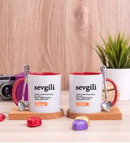 Sevgili Kelime Anlamı Ahşap Altlıklı İkili Kırmızı Kupa Bardak