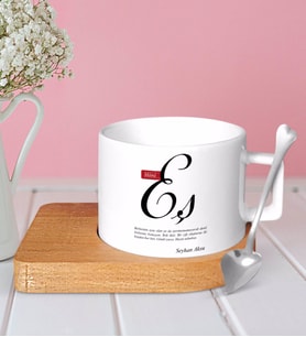 BK Gift Kişiye Özel Mânâ Eş Ahşap Altlıklı Seramik Fincan-1 (Beyaz)