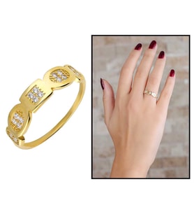 Zirkon Taşlı Geometrik Tasarım Gold Renk 925 Ayar Gümüş Bayan Yüzük (Çok Renkli)
