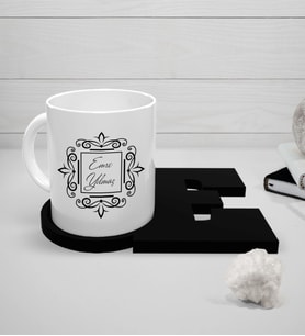 BK Gift Kişiye Özel Beyaz Kupa ve Harfli Siyah Bardak Altlığı Seti