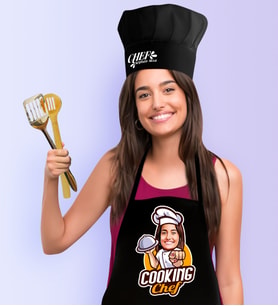 BK Gift Kişiye Özel Bayan Chef Karikatürlü Siyah Mutfak Önlüğü Aşçı Şapkası Seti-15