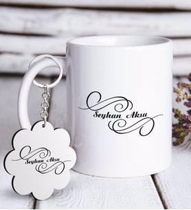 BK Gift Kişiye Özel İsimli Beyaz Kupa ve Anahtarlık Hediye Seti-3 (Model 1)