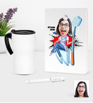 BK Gift Kişiye Özel Bayan Diş Hekimi Karikatürlü Beyaz Defter Kalem Termos Mug Seti - 3 (Model 1)