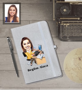 Kişiye Özel İş Kadını Karikatürlü Gri Defter Kalem Hediye Seti  Bayan-8