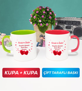 İkili Sevgiliye Sevgililer Günü Hediyesi 6 Kupa Bardak Yeşil Kırmızı