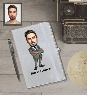 Kişiye Özel İş Adamı Karikatürlü Gri Defter Kalem Hediye Seti  Bay-7
