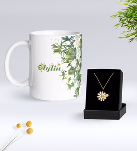 BK Gift Kişiye Özel Papatya Temalı Kupa Ve Papatya Kolye Hediye Seti-5 (Model 1)