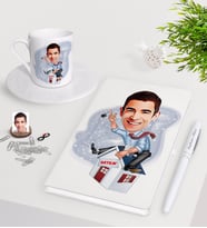 BK Gift Kişiye Özel Erkek Emlakçı Karikatürlü Beyaz Defter Kalem Türk Kahvesi Fincanı Seti-1 (Model 1)