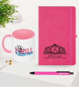 BK Gift Kişiye Özel İngilizce Öğretmeni Temalı Pembe Defter Kalem Kupa Seti - 2
