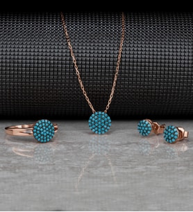 Gümüş Zirkon Taşlı " Nokta Daire " Tasarım Kolye-Küpe-Yüzük Set (Rose)