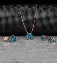 Gümüş Zirkon Taşlı " Nokta Daire " Tasarım Kolye-Küpe-Yüzük Set (Rose)