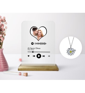 BK Gift Kişiye Özel Kalpli Fotoğraflı Spotify Barkodlu Plak ve Silver İsimli Papatya Kolye Seti-1