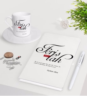BK Gift Kişiye Özel Mânâ Feriştah Beyaz Defter Kalem Türk Kahvesi Fincanı Seti-1 (Model 1)