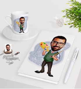 BK Gift Kişiye Özel Erkek Ressam Karikatürlü Beyaz Defter Kalem Türk Kahvesi Fincanı Seti-1 (Model 1)