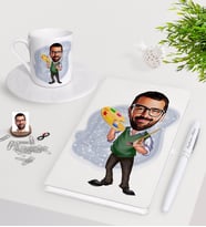 BK Gift Kişiye Özel Erkek Ressam Karikatürlü Beyaz Defter Kalem Türk Kahvesi Fincanı Seti-1 (Model 1)