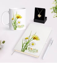 BK Gift Kişiye Özel Papatya Temalı En İyi Öğretmen Beyaz Kupa Defter Kalem ve İsimli Papatya Kolye Hediye Seti-11 (Model 1)