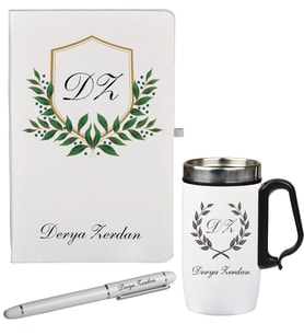 Şık Tasarım Yaprak Desenli Hediye Defter Kalem Ve Termos - Mug Seti