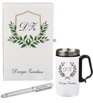 Şık Tasarım Yaprak Desenli Hediye Defter Kalem Ve Termos - Mug Seti